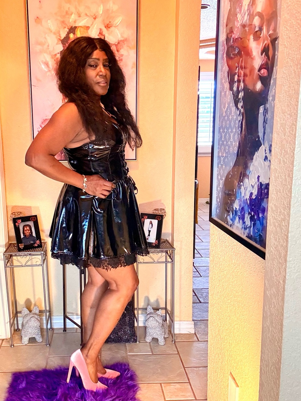 Black Vinyl Lace-Trim Mini Dress - Sleek Party Dress - Picture 6 of 13